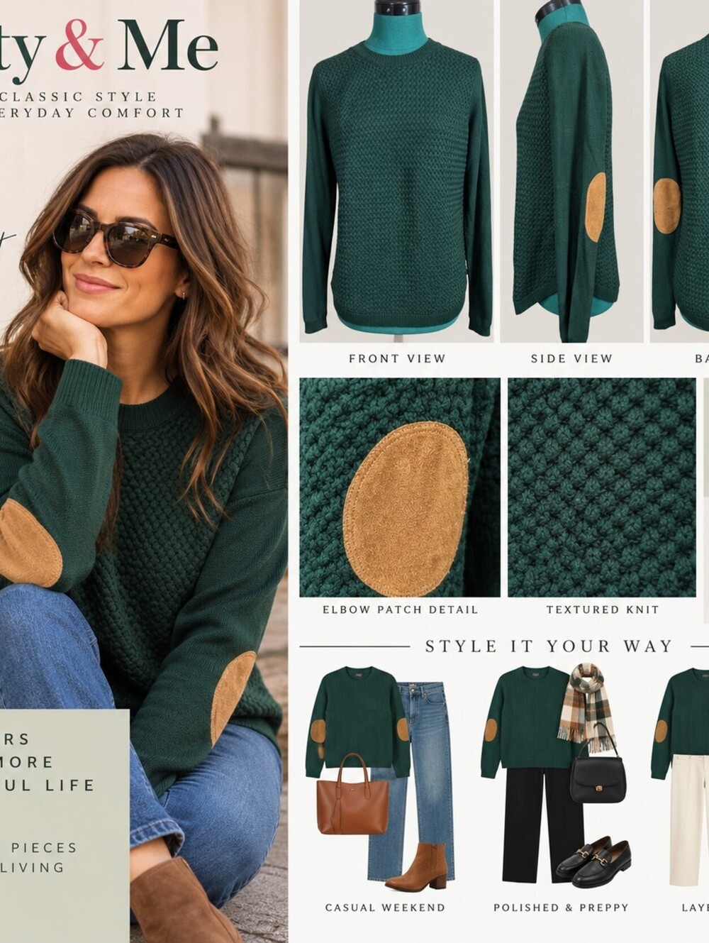 Lety & Me Green Textured Knit Sweater M Tan Elbow Patches Crewneck Fall